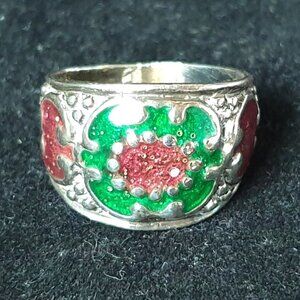 Vintage British Luxury Halcyon Days Enamels Red & Green Floral Sterling Ring